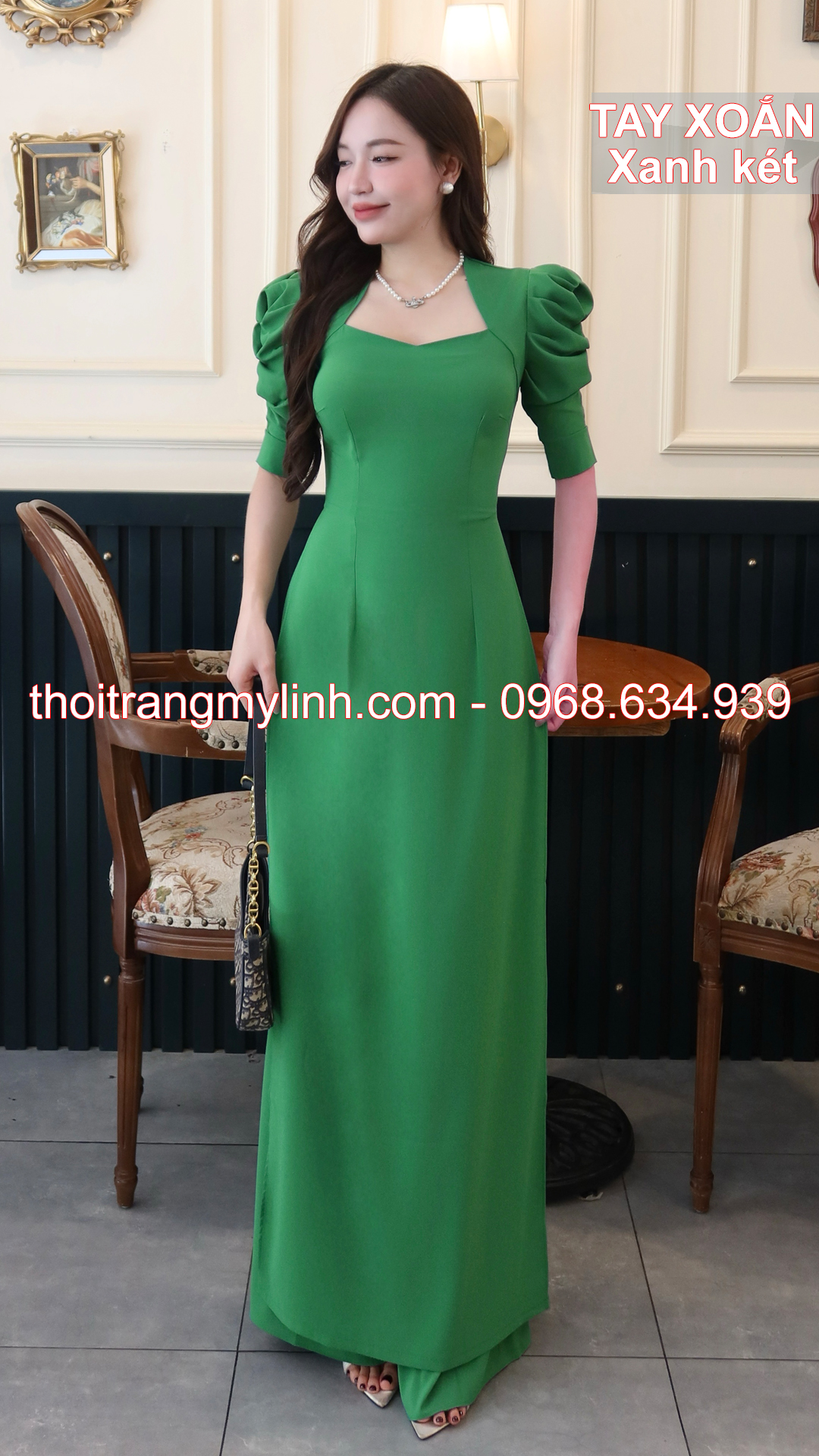 Bộ áo dài cổ nữ hoàng tay xoắn xanh két